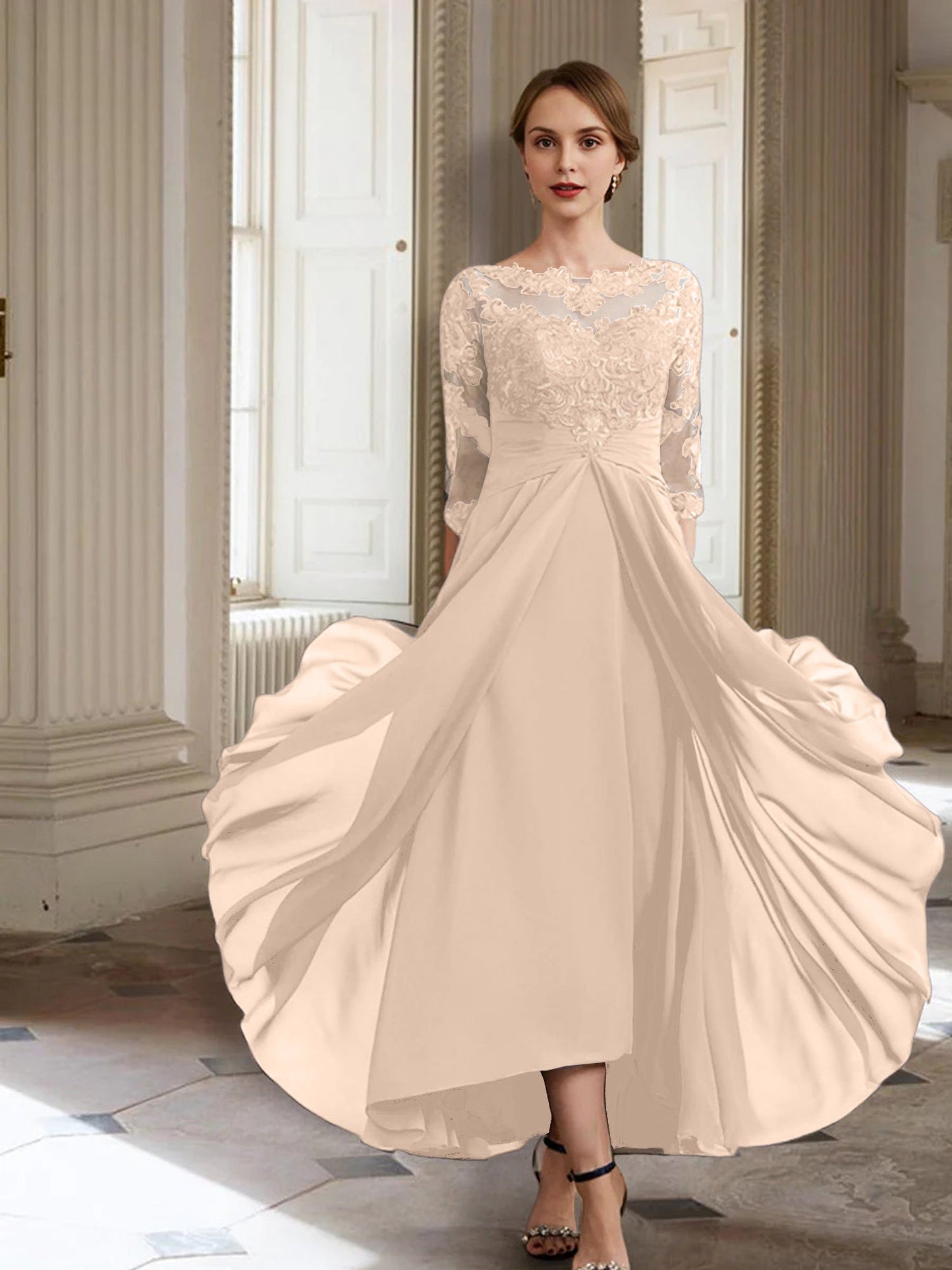Vestidos de madre de la novia de manga larga con corte A/princesa y apliques