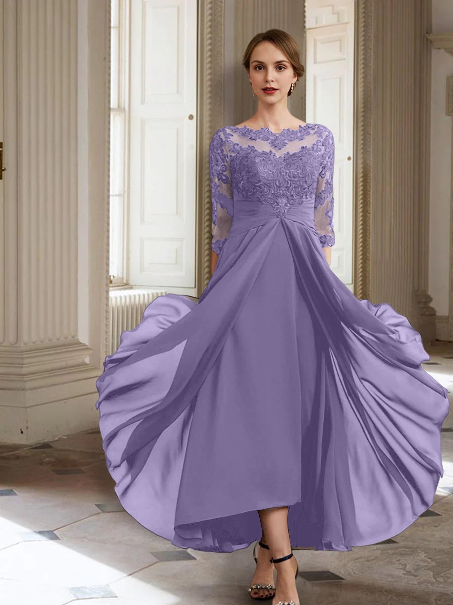 Vestidos de madre de la novia de manga larga con corte A/princesa y apliques