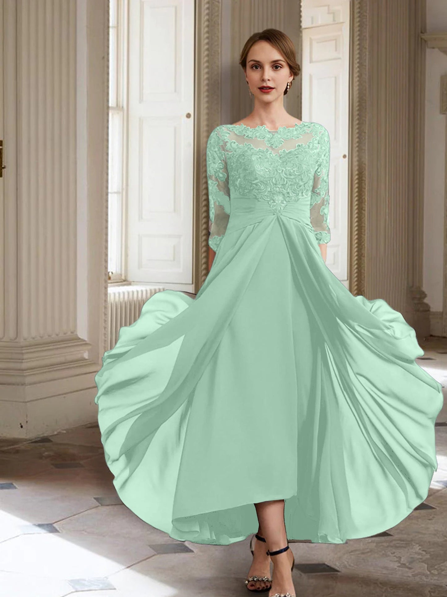 Vestidos de madre de la novia de manga larga con corte A/princesa y apliques