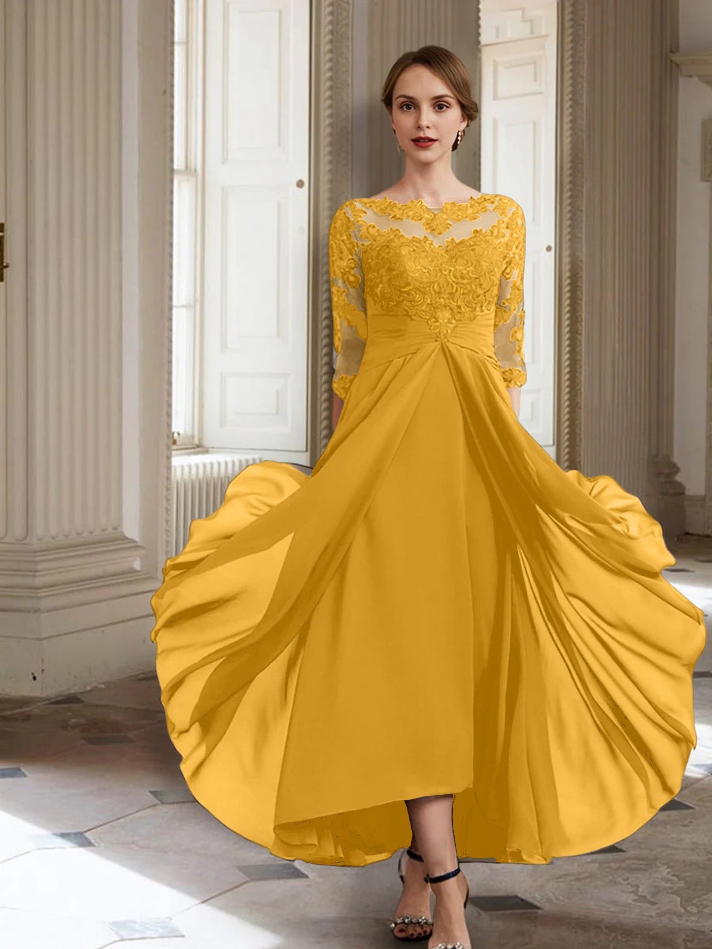 Vestidos de madre de la novia de manga larga con corte A/princesa y apliques
