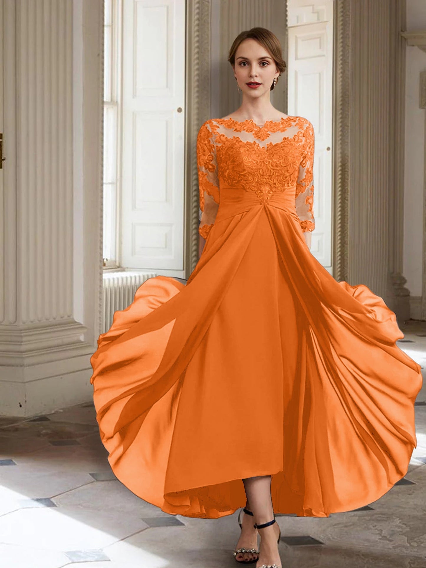 Vestidos de madre de la novia de manga larga con corte A/princesa y apliques