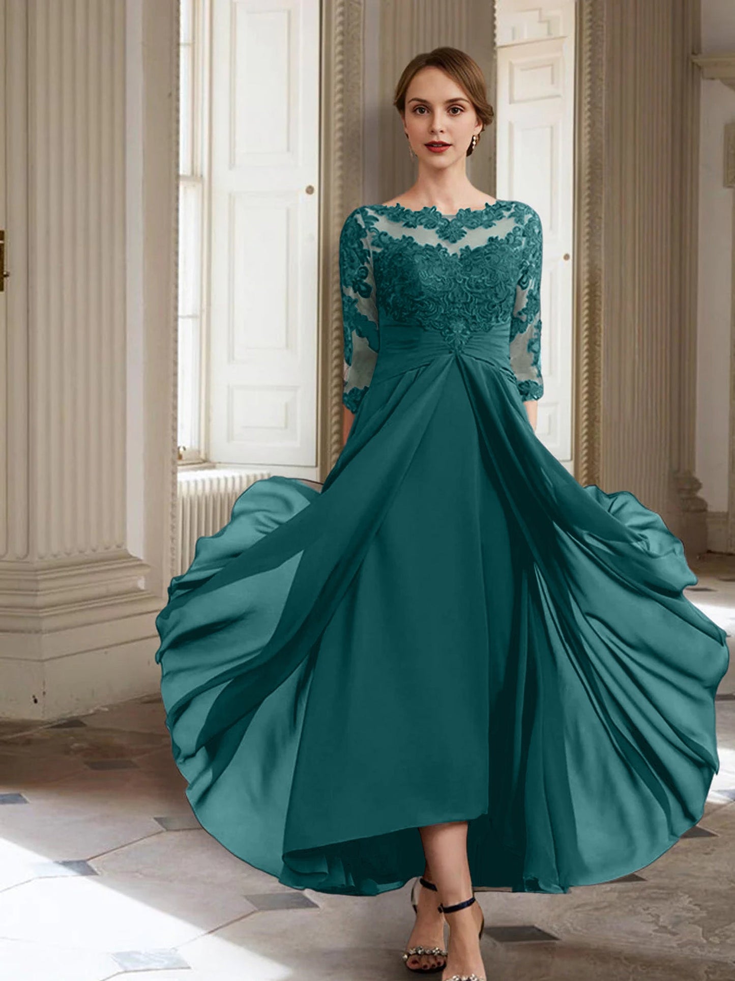 Vestidos de madre de la novia de manga larga con corte A/princesa y apliques