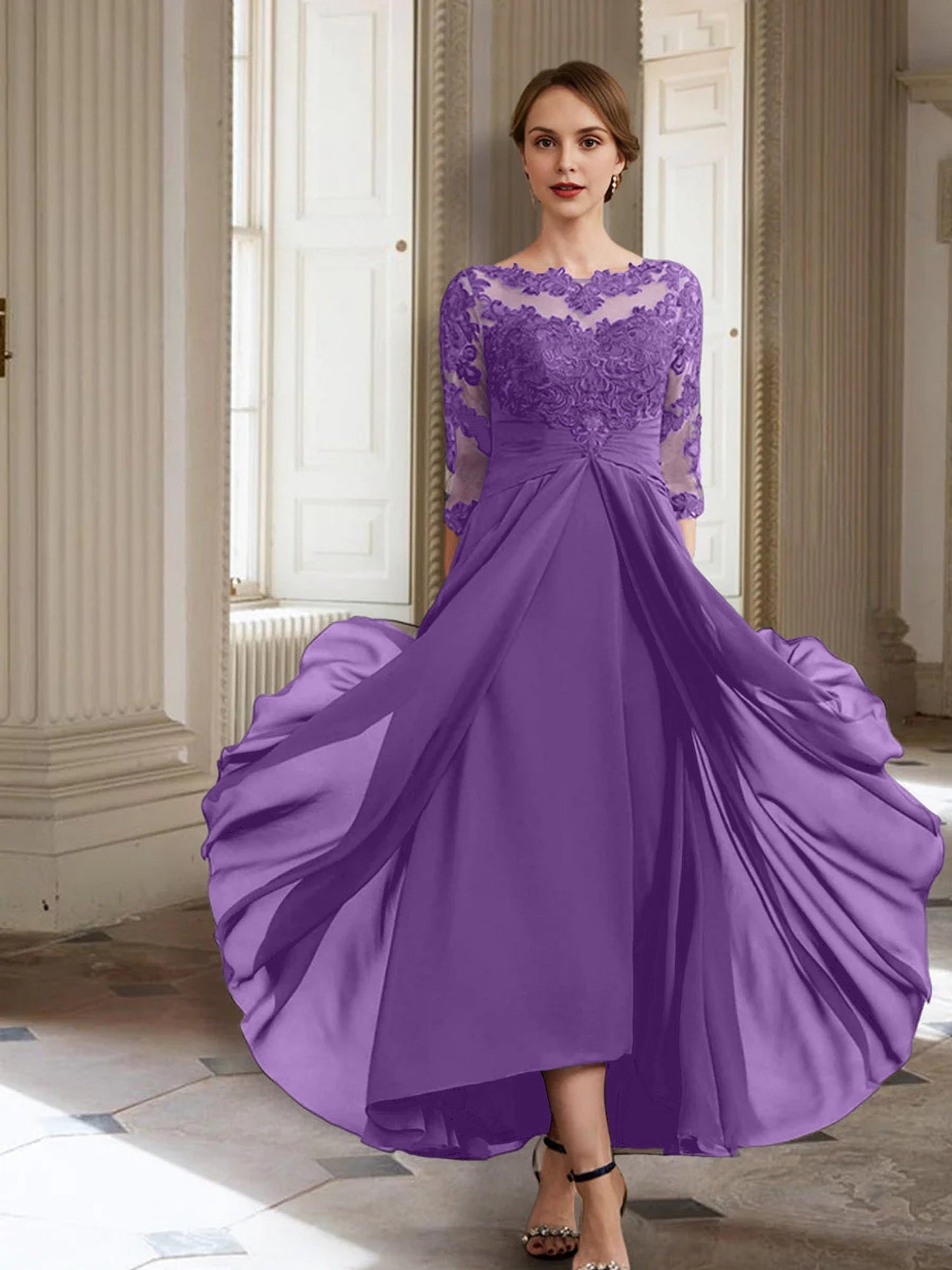 Vestidos de madre de la novia de manga larga con corte A/princesa y apliques