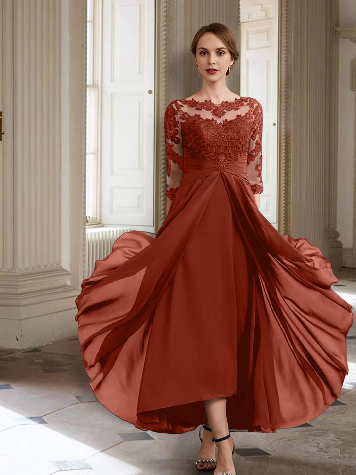Vestidos de madre de la novia de manga larga con corte A/princesa y apliques