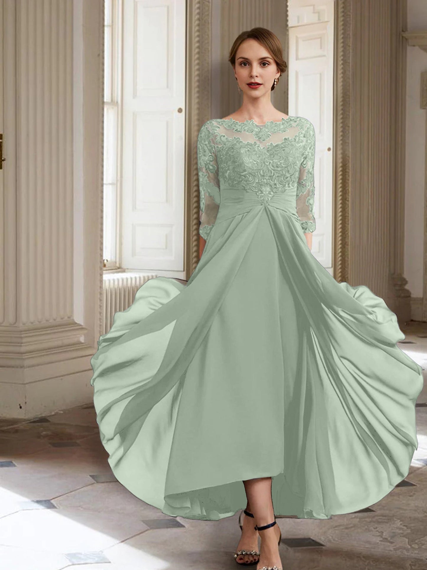 Vestidos de madre de la novia de manga larga con corte A/princesa y apliques