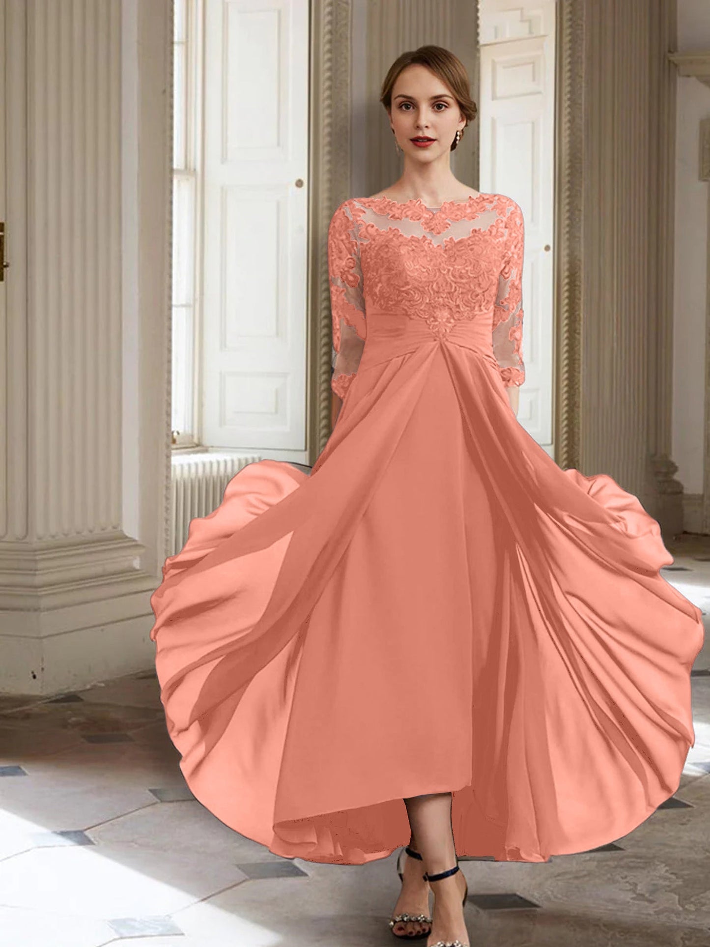 Vestidos de madre de la novia de manga larga con corte A/princesa y apliques