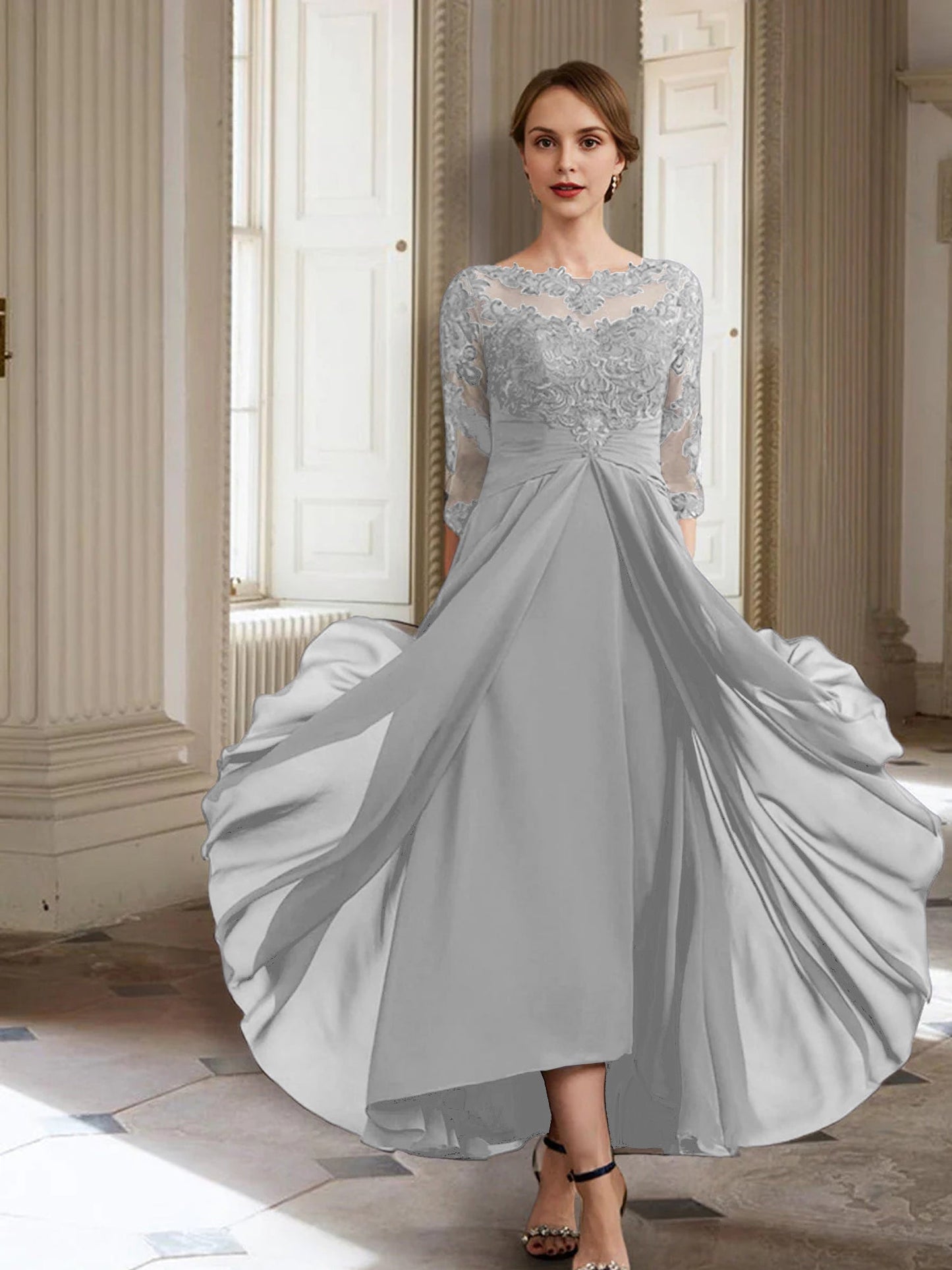 Vestidos de madre de la novia de manga larga con corte A/princesa y apliques