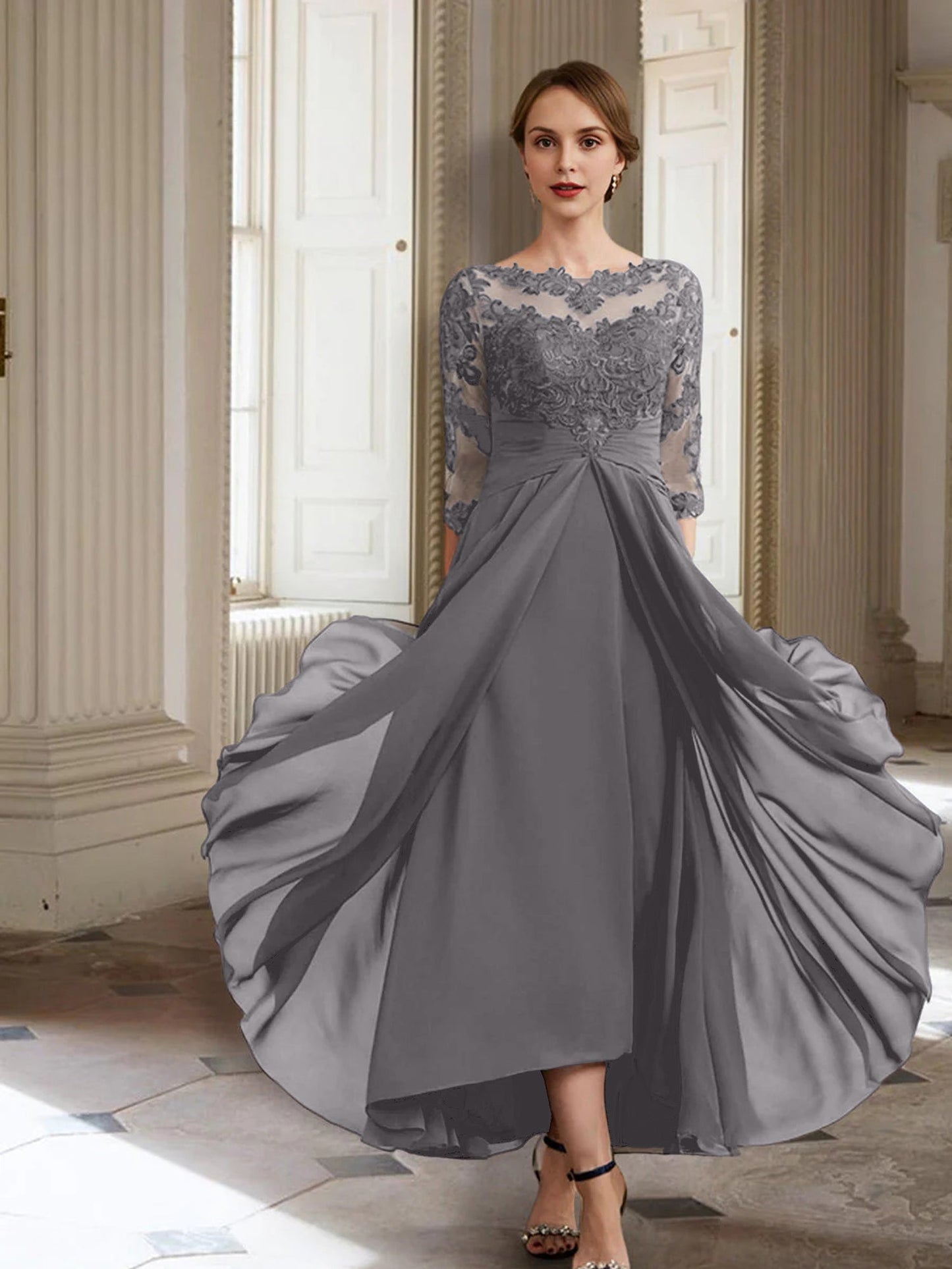 Vestidos de madre de la novia de manga larga con corte A/princesa y apliques