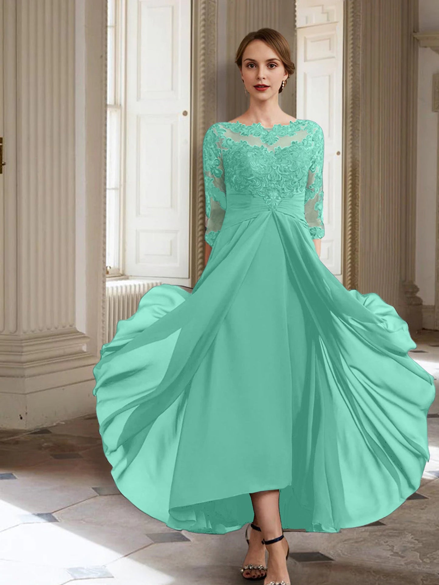 Vestidos de madre de la novia de manga larga con corte A/princesa y apliques