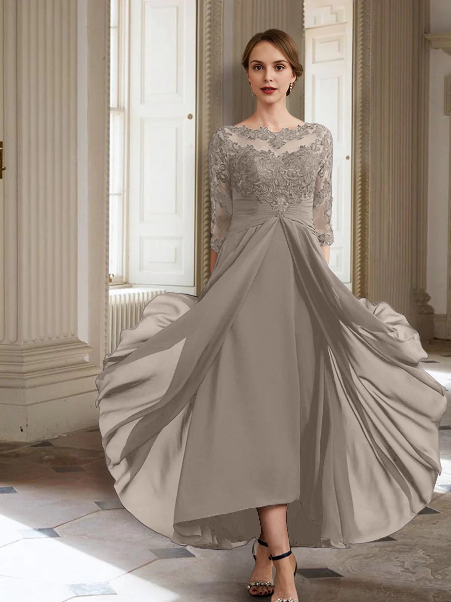 Vestidos de madre de la novia de manga larga con corte A/princesa y apliques