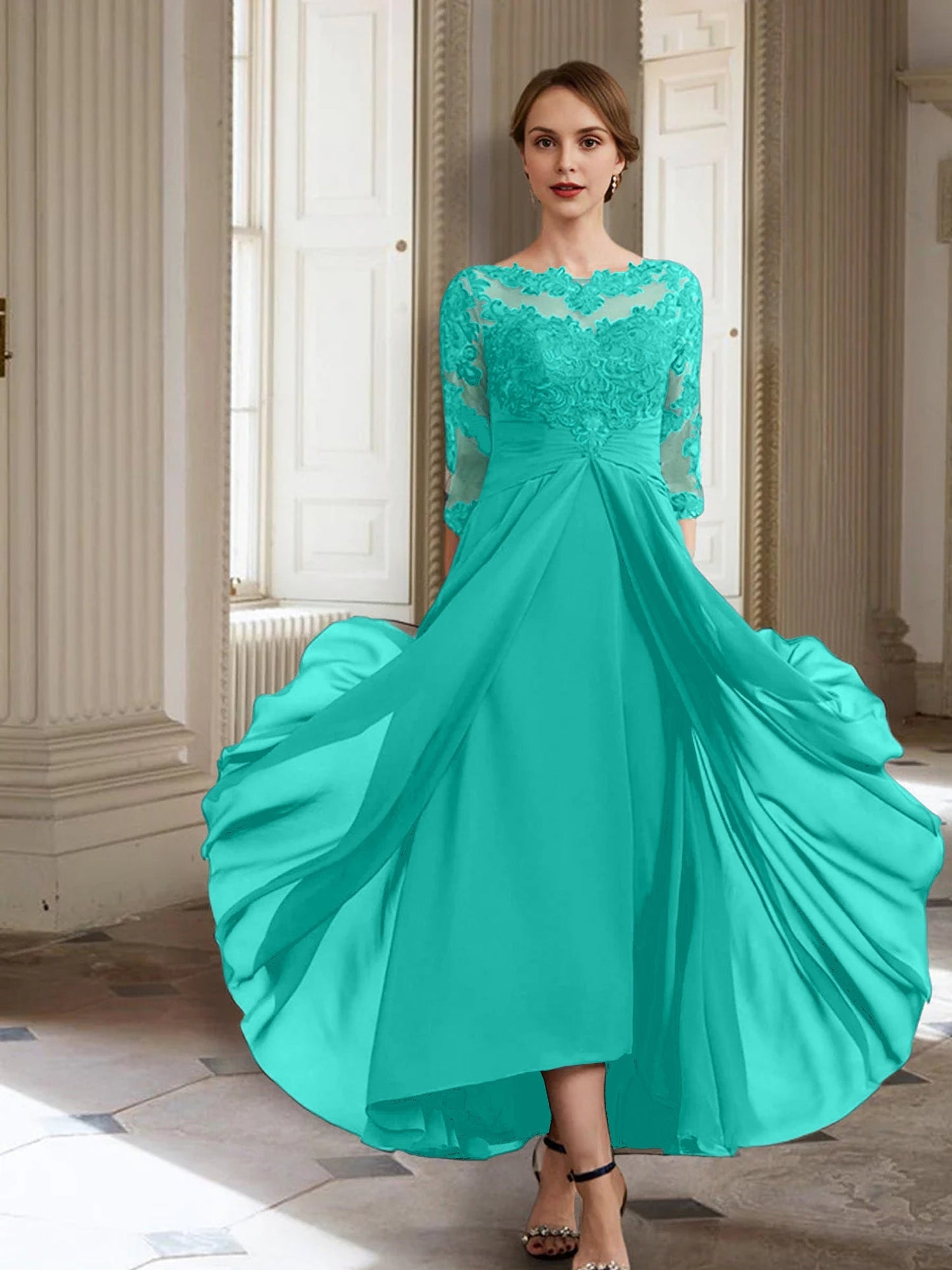 Vestidos de madre de la novia de manga larga con corte A/princesa y apliques