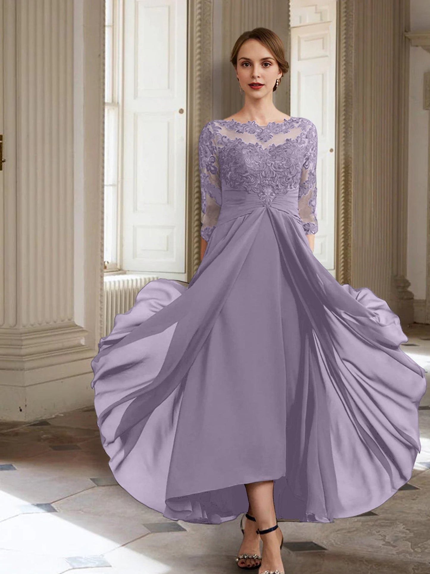 Vestidos de madre de la novia de manga larga con corte A/princesa y apliques
