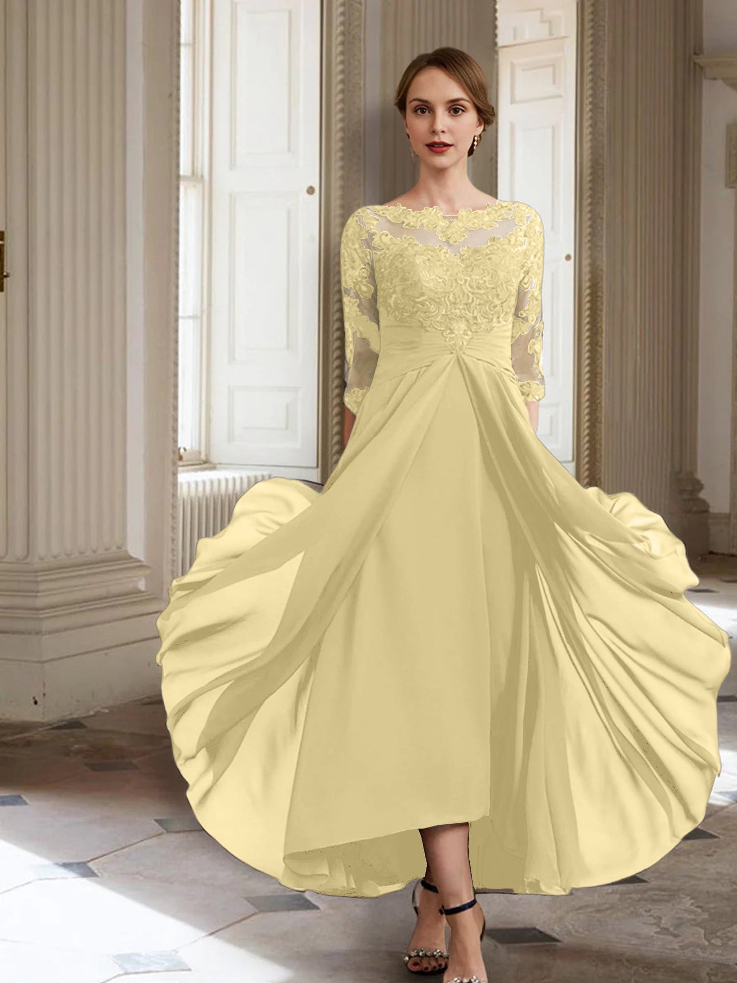 Vestidos de madre de la novia de manga larga con corte A/princesa y apliques