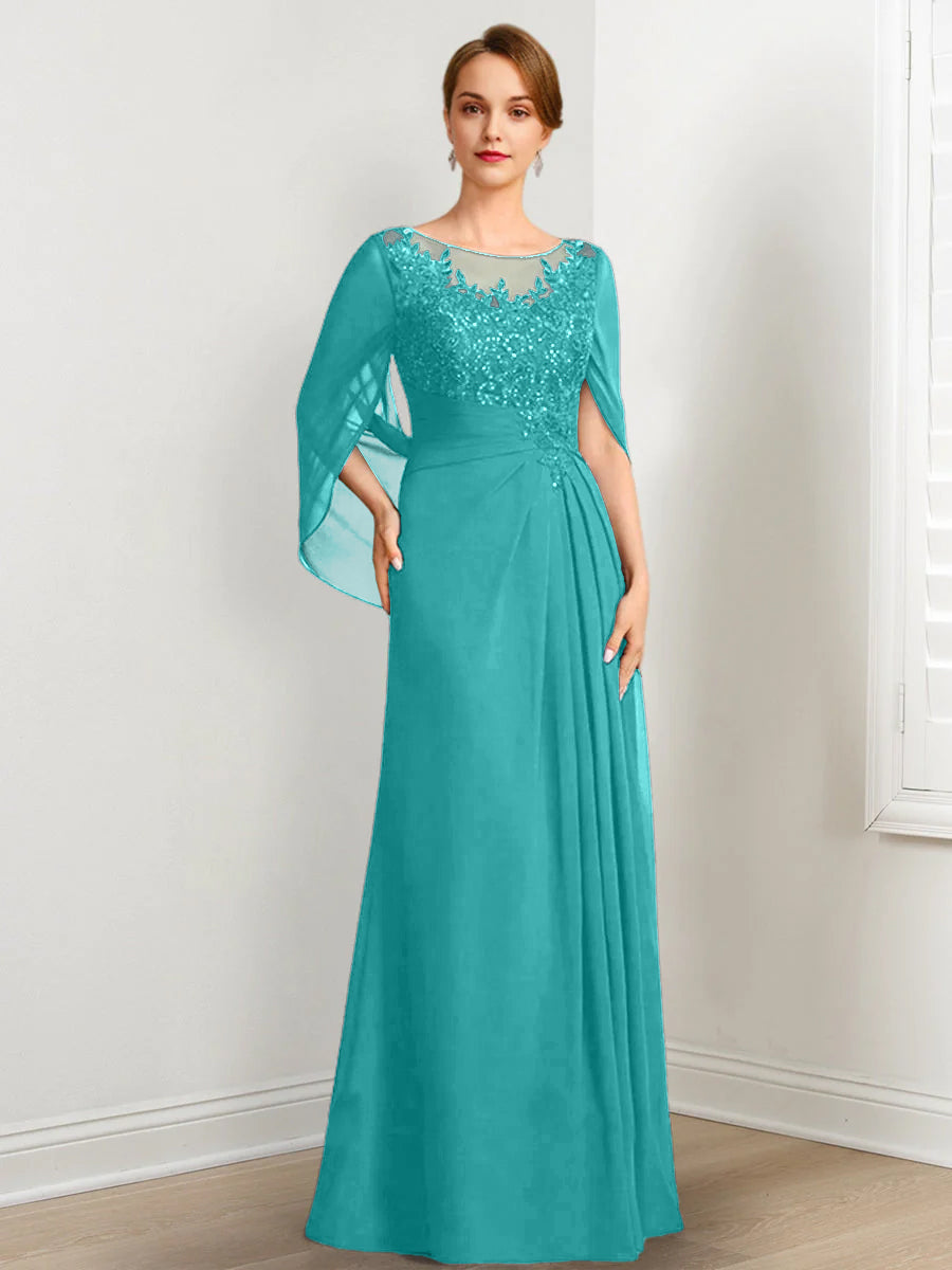 Vestidos de madre de la novia de corte A/princesa, largo hasta el suelo, con escote redondo, plisados y lentejuelas