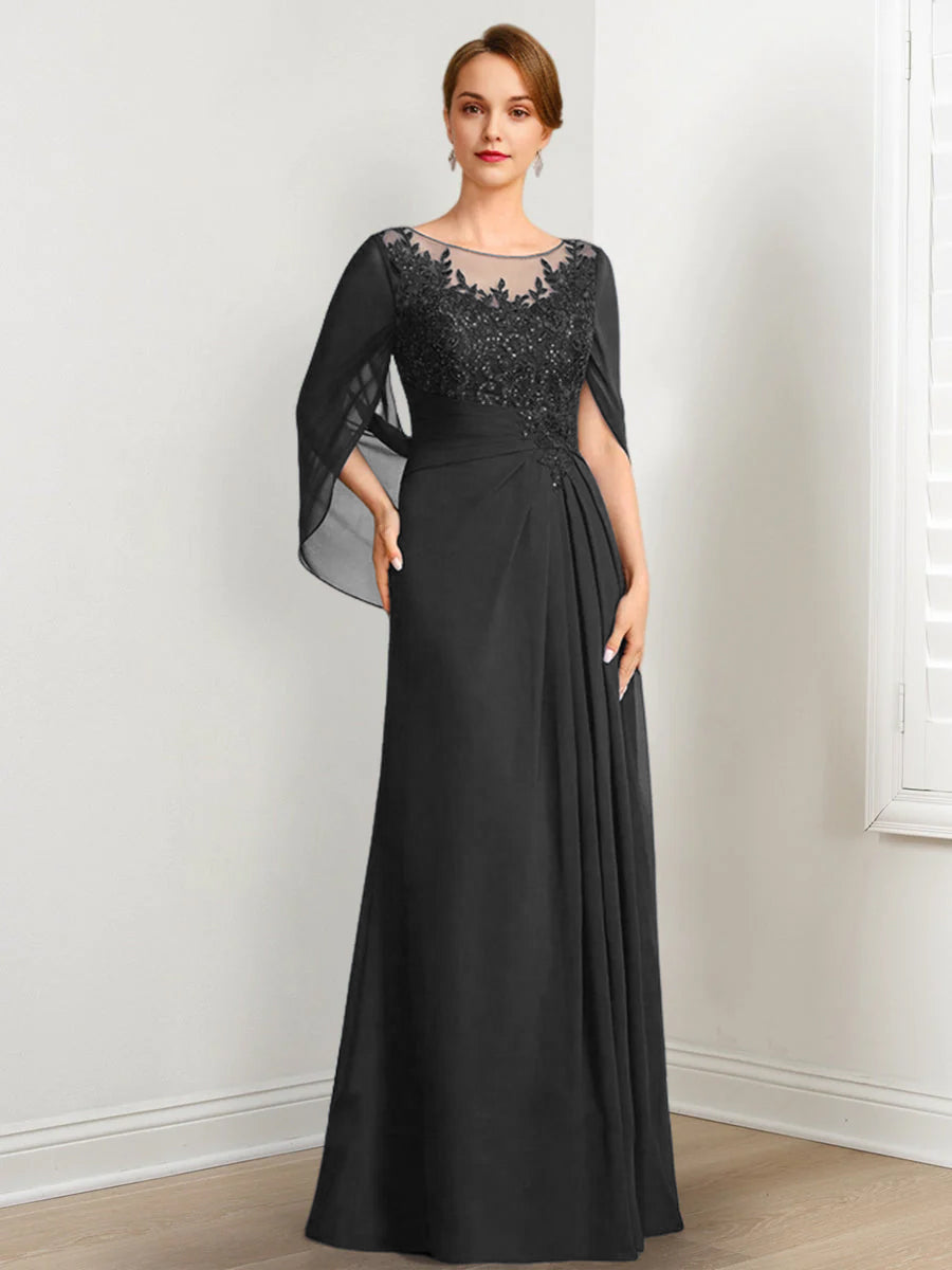 Vestidos de madre de la novia de corte A/princesa, largo hasta el suelo, con escote redondo, plisados y lentejuelas