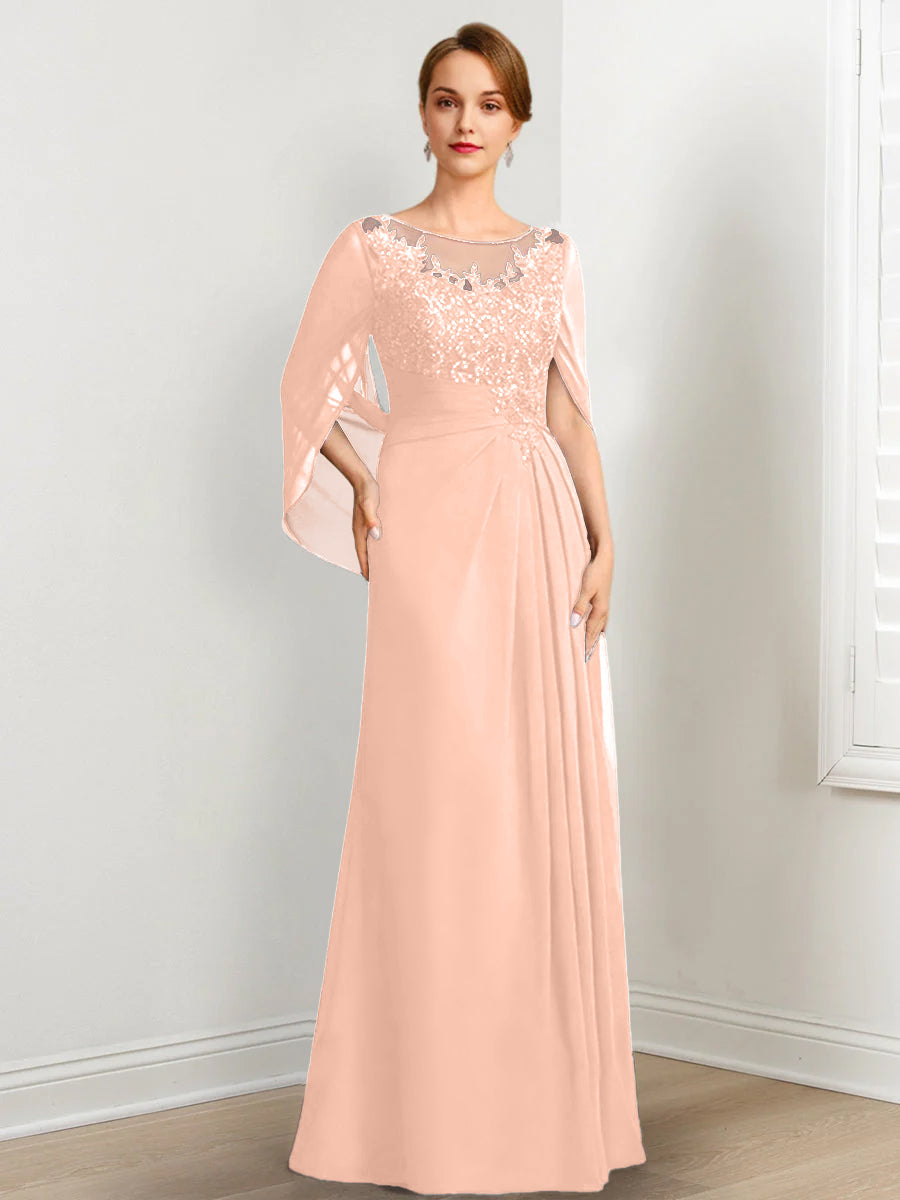 Vestidos de madre de la novia de corte A/princesa, largo hasta el suelo, con escote redondo, plisados y lentejuelas