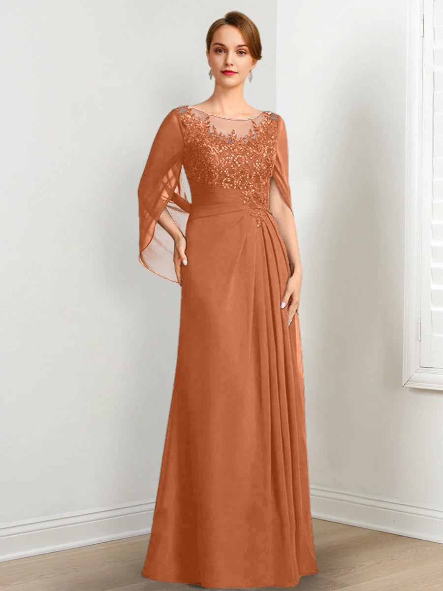 Vestidos de madre de la novia de corte A/princesa, largo hasta el suelo, con escote redondo, plisados y lentejuelas