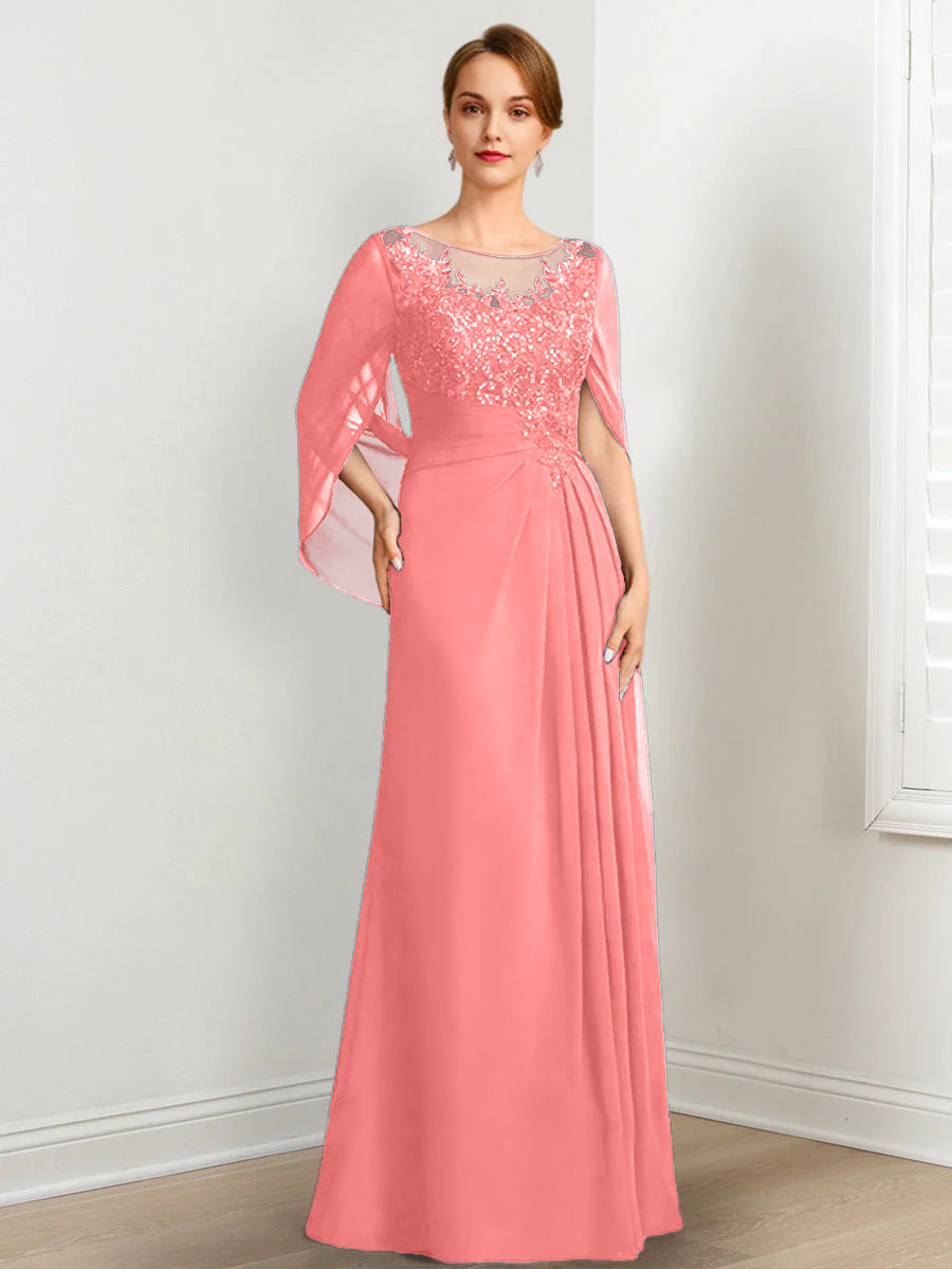 Vestidos de madre de la novia de corte A/princesa, largo hasta el suelo, con escote redondo, plisados y lentejuelas