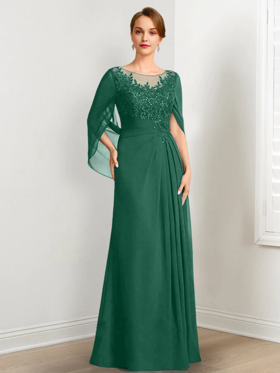 Vestidos de madre de la novia de corte A/princesa, largo hasta el suelo, con escote redondo, plisados y lentejuelas