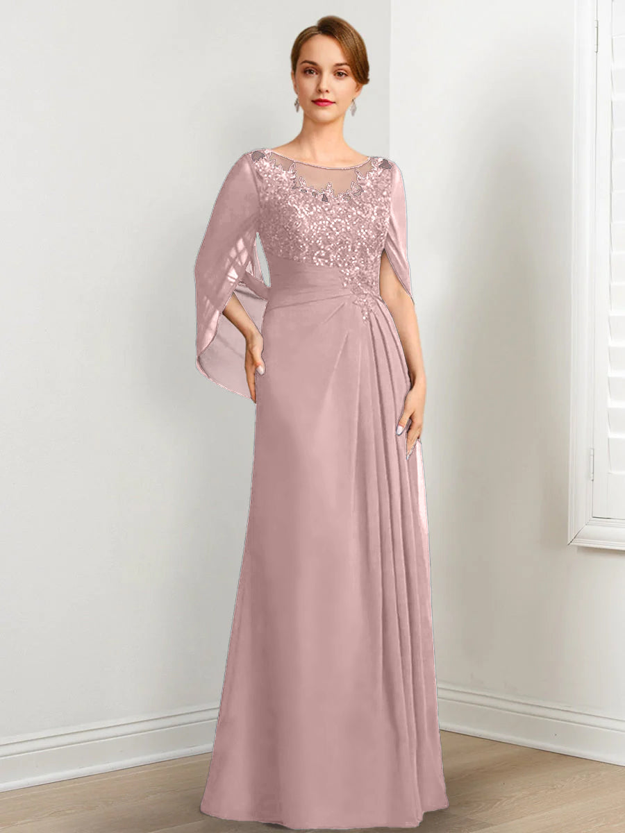 Vestidos de madre de la novia de corte A/princesa, largo hasta el suelo, con escote redondo, plisados y lentejuelas