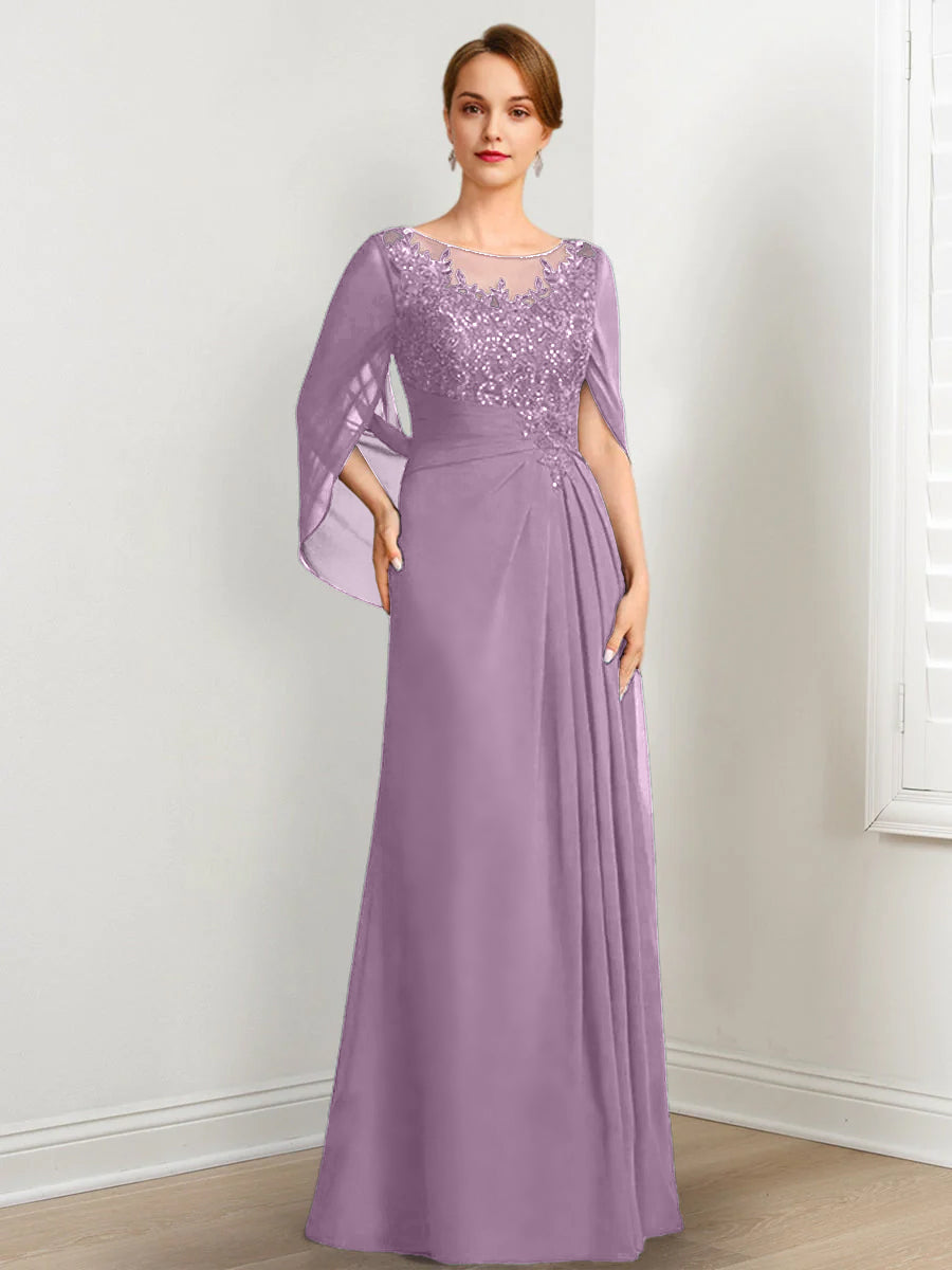 Vestidos de madre de la novia de corte A/princesa, largo hasta el suelo, con escote redondo, plisados y lentejuelas