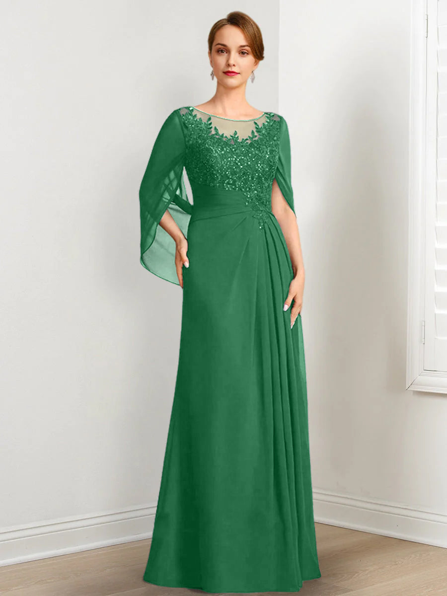 Vestidos de madre de la novia de corte A/princesa, largo hasta el suelo, con escote redondo, plisados y lentejuelas