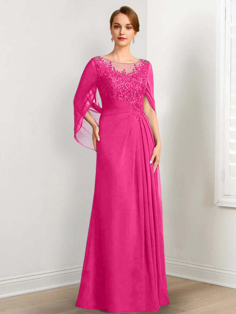 Vestidos de madre de la novia de corte A/princesa, largo hasta el suelo, con escote redondo, plisados y lentejuelas