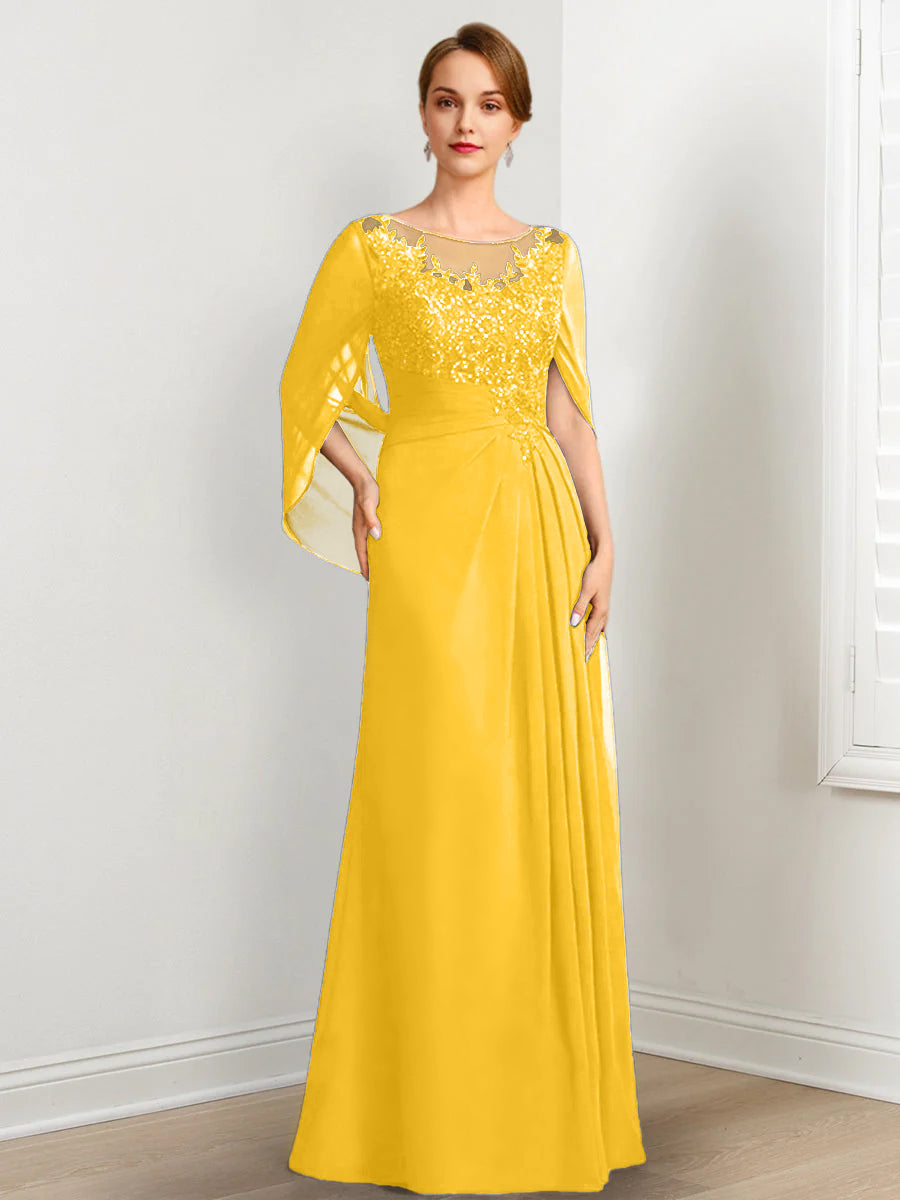 Vestidos de madre de la novia de corte A/princesa, largo hasta el suelo, con escote redondo, plisados y lentejuelas