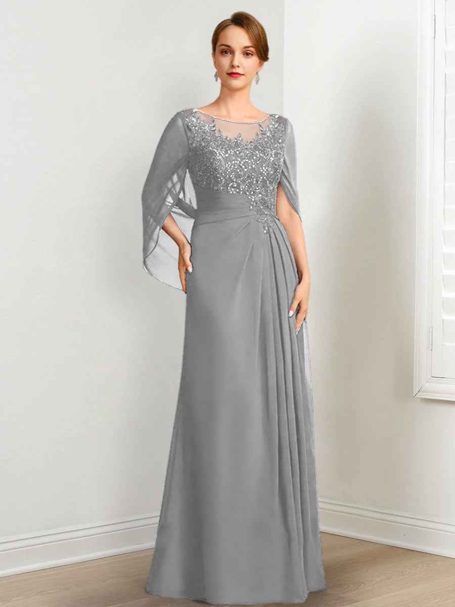 Vestidos de madre de la novia de corte A/princesa, largo hasta el suelo, con escote redondo, plisados y lentejuelas
