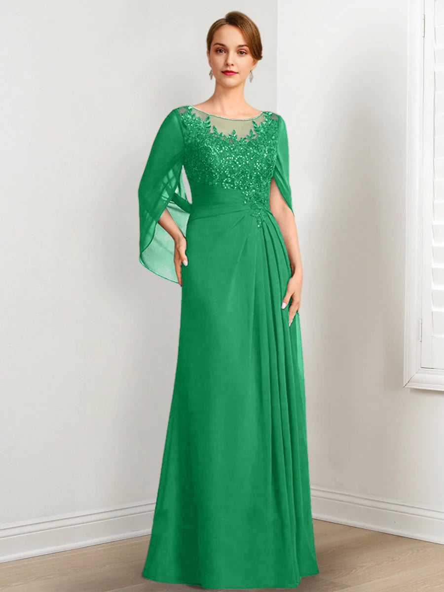 Vestidos de madre de la novia de corte A/princesa, largo hasta el suelo, con escote redondo, plisados y lentejuelas