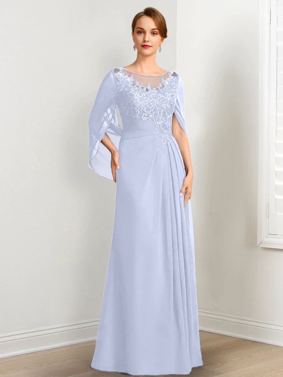Vestidos de madre de la novia de corte A/princesa, largo hasta el suelo, con escote redondo, plisados y lentejuelas