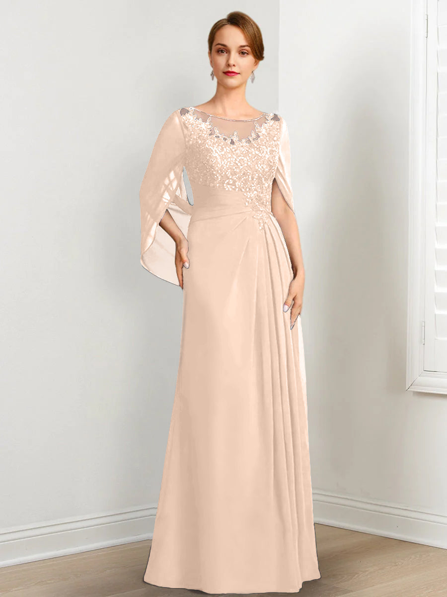Vestidos de madre de la novia de corte A/princesa, largo hasta el suelo, con escote redondo, plisados y lentejuelas