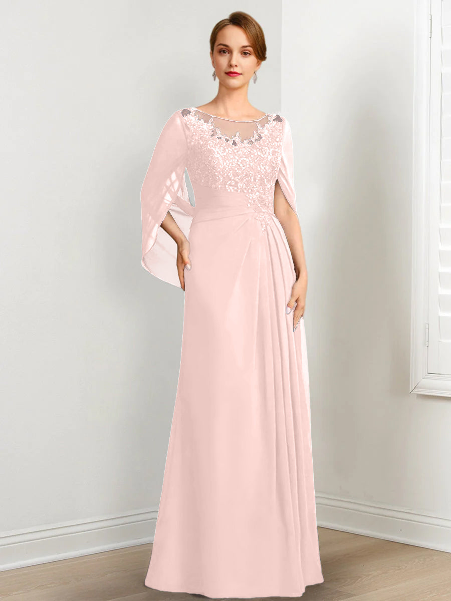 Vestidos de madre de la novia de corte A/princesa, largo hasta el suelo, con escote redondo, plisados y lentejuelas