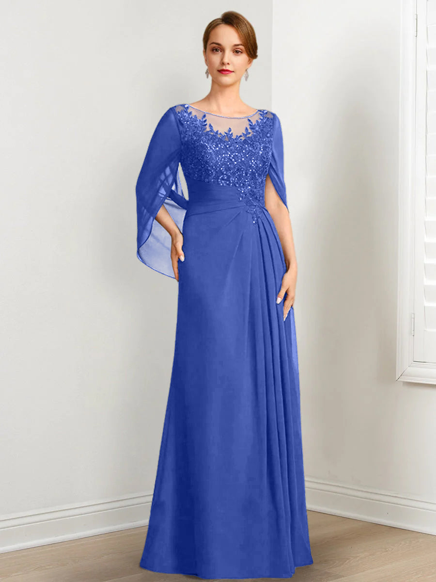 Vestidos de madre de la novia de corte A/princesa, largo hasta el suelo, con escote redondo, plisados y lentejuelas