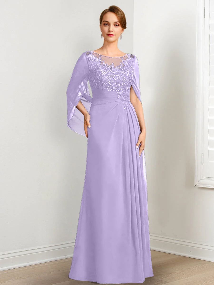 Vestidos de madre de la novia de corte A/princesa, largo hasta el suelo, con escote redondo, plisados y lentejuelas