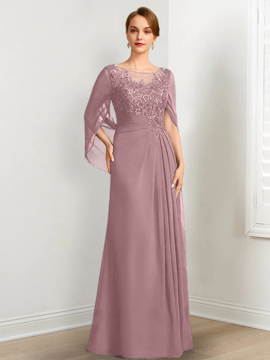 Vestidos de madre de la novia de corte A/princesa, largo hasta el suelo, con escote redondo, plisados y lentejuelas