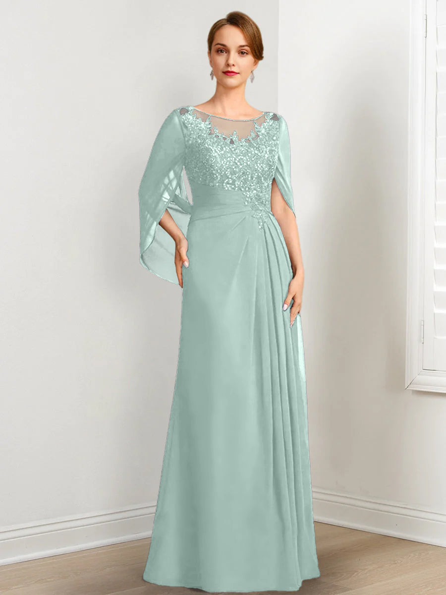 Vestidos de madre de la novia de corte A/princesa, largo hasta el suelo, con escote redondo, plisados y lentejuelas