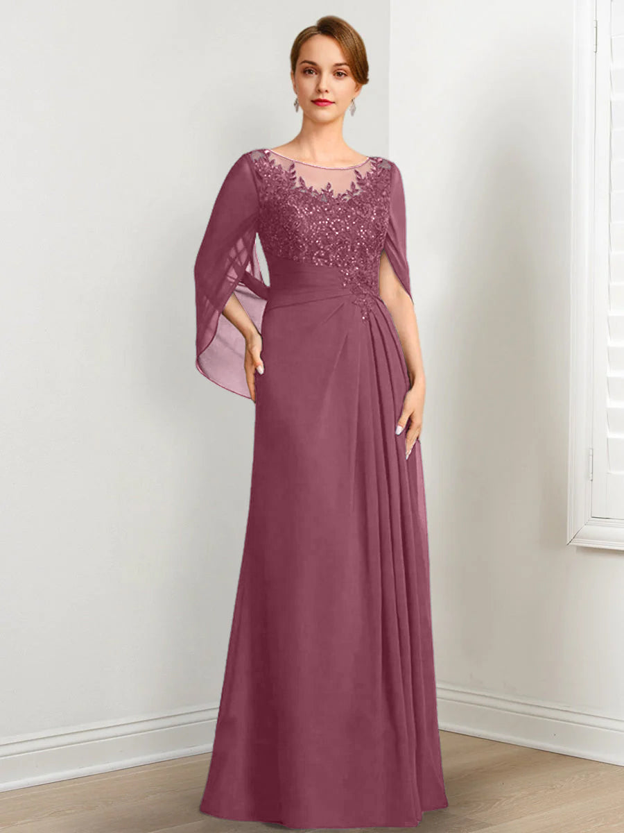 Vestidos de madre de la novia de corte A/princesa, largo hasta el suelo, con escote redondo, plisados y lentejuelas