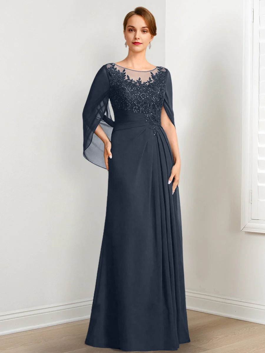 Vestidos de madre de la novia de corte A/princesa, largo hasta el suelo, con escote redondo, plisados y lentejuelas