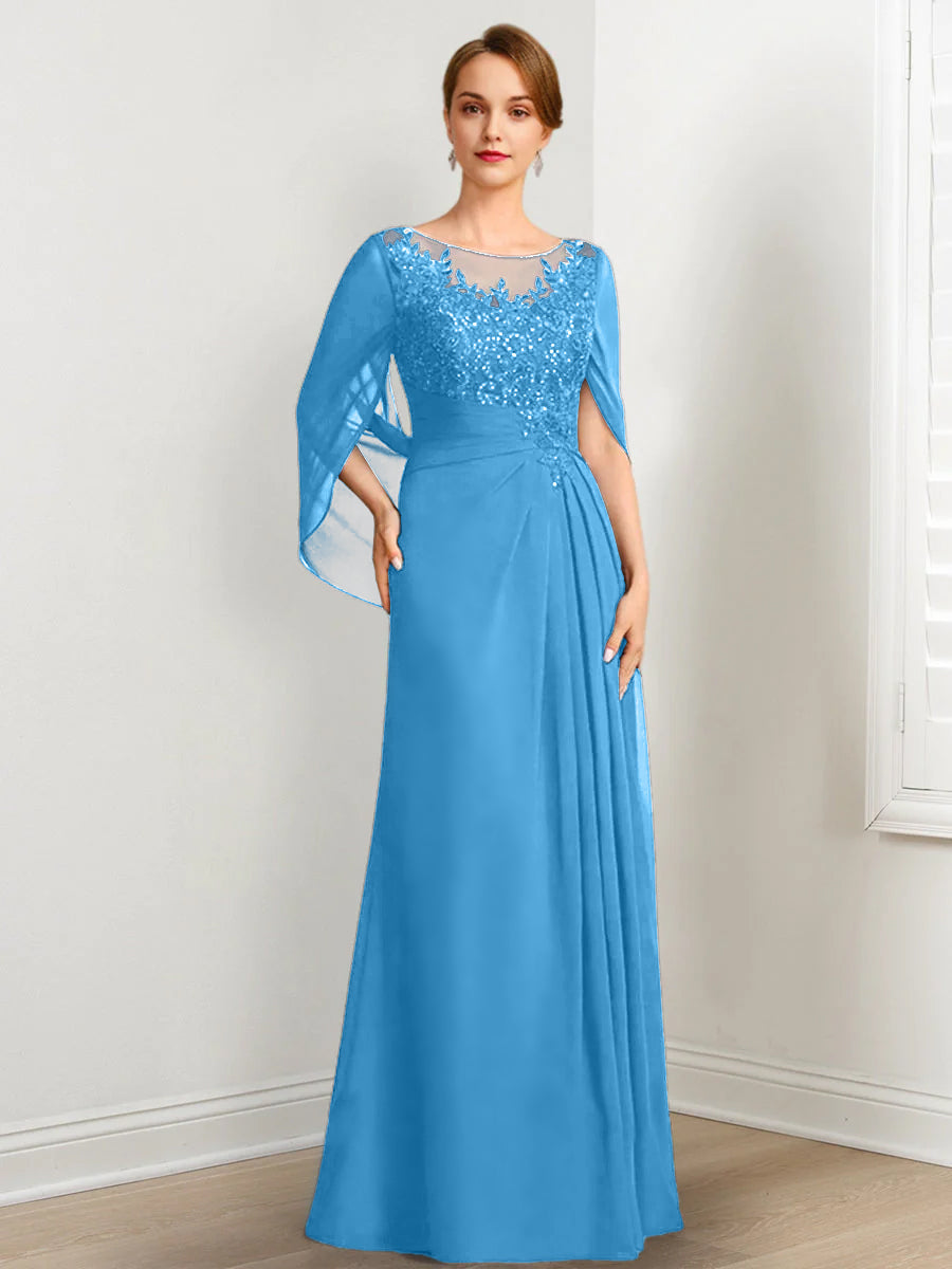 Vestidos de madre de la novia de corte A/princesa, largo hasta el suelo, con escote redondo, plisados y lentejuelas
