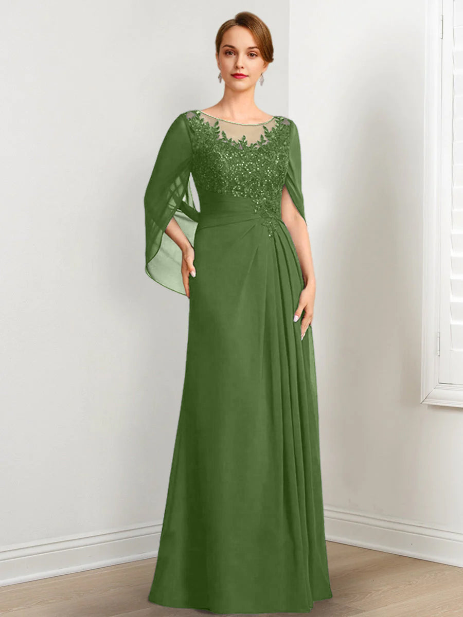 Vestidos de madre de la novia de corte A/princesa, largo hasta el suelo, con escote redondo, plisados y lentejuelas