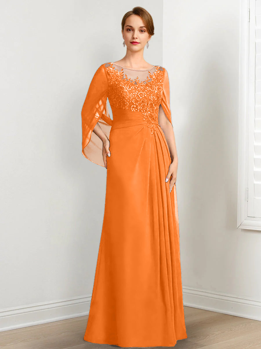 Vestidos de madre de la novia de corte A/princesa, largo hasta el suelo, con escote redondo, plisados y lentejuelas