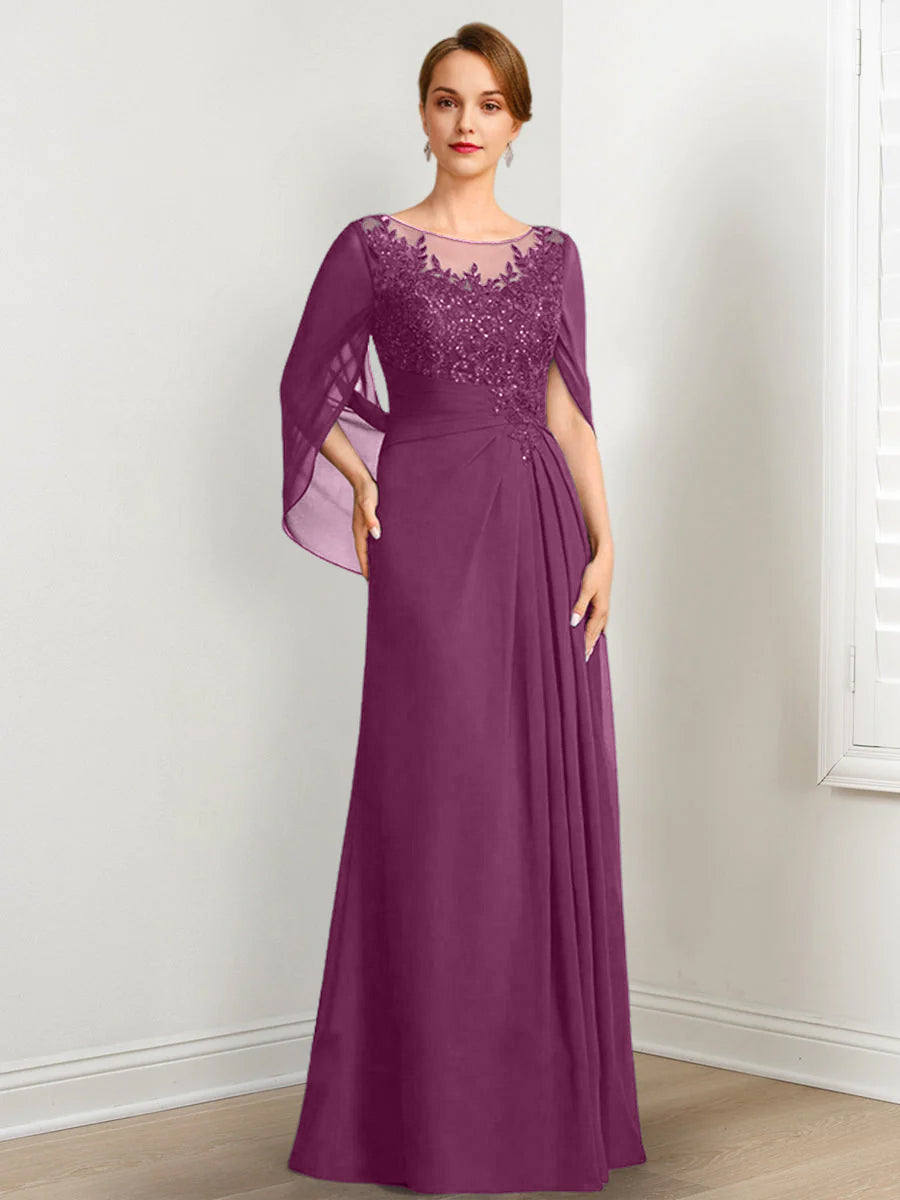Vestidos de madre de la novia de corte A/princesa, largo hasta el suelo, con escote redondo, plisados y lentejuelas