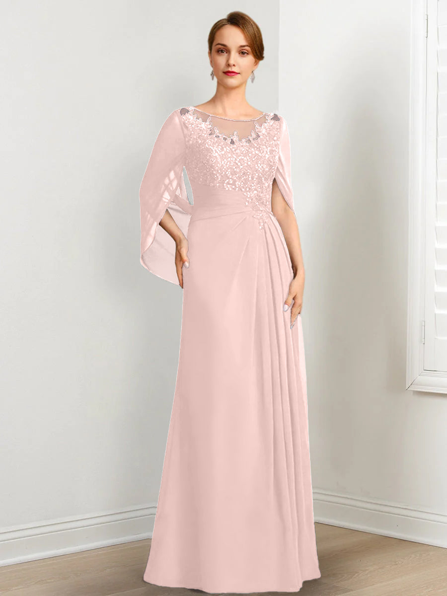 Vestidos de madre de la novia de corte A/princesa, largo hasta el suelo, con escote redondo, plisados y lentejuelas