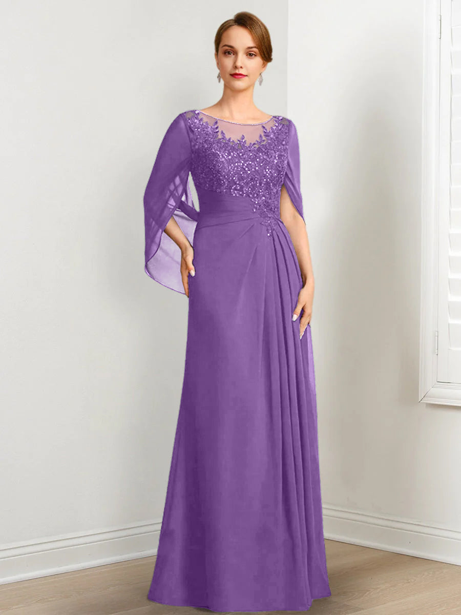 Vestidos de madre de la novia de corte A/princesa, largo hasta el suelo, con escote redondo, plisados y lentejuelas