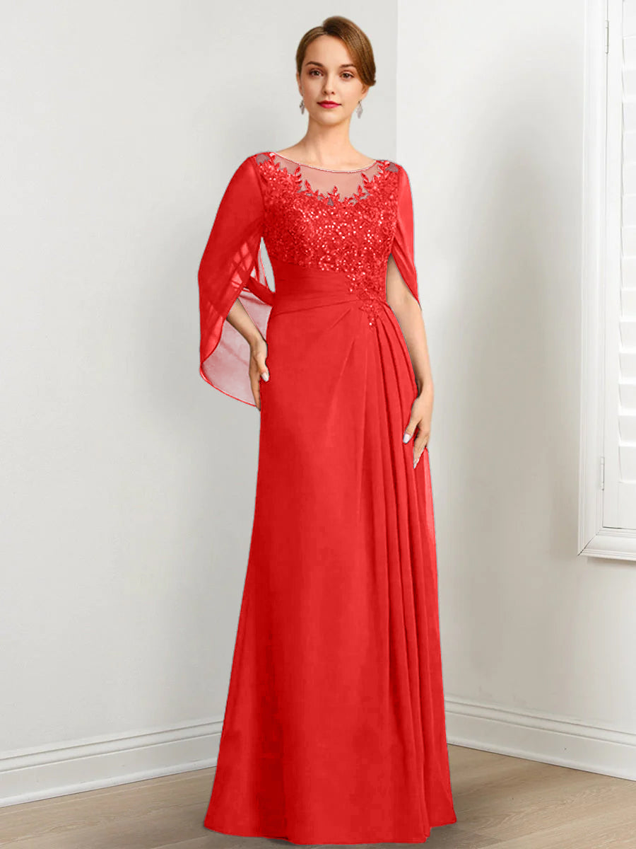 Vestidos de madre de la novia de corte A/princesa, largo hasta el suelo, con escote redondo, plisados y lentejuelas
