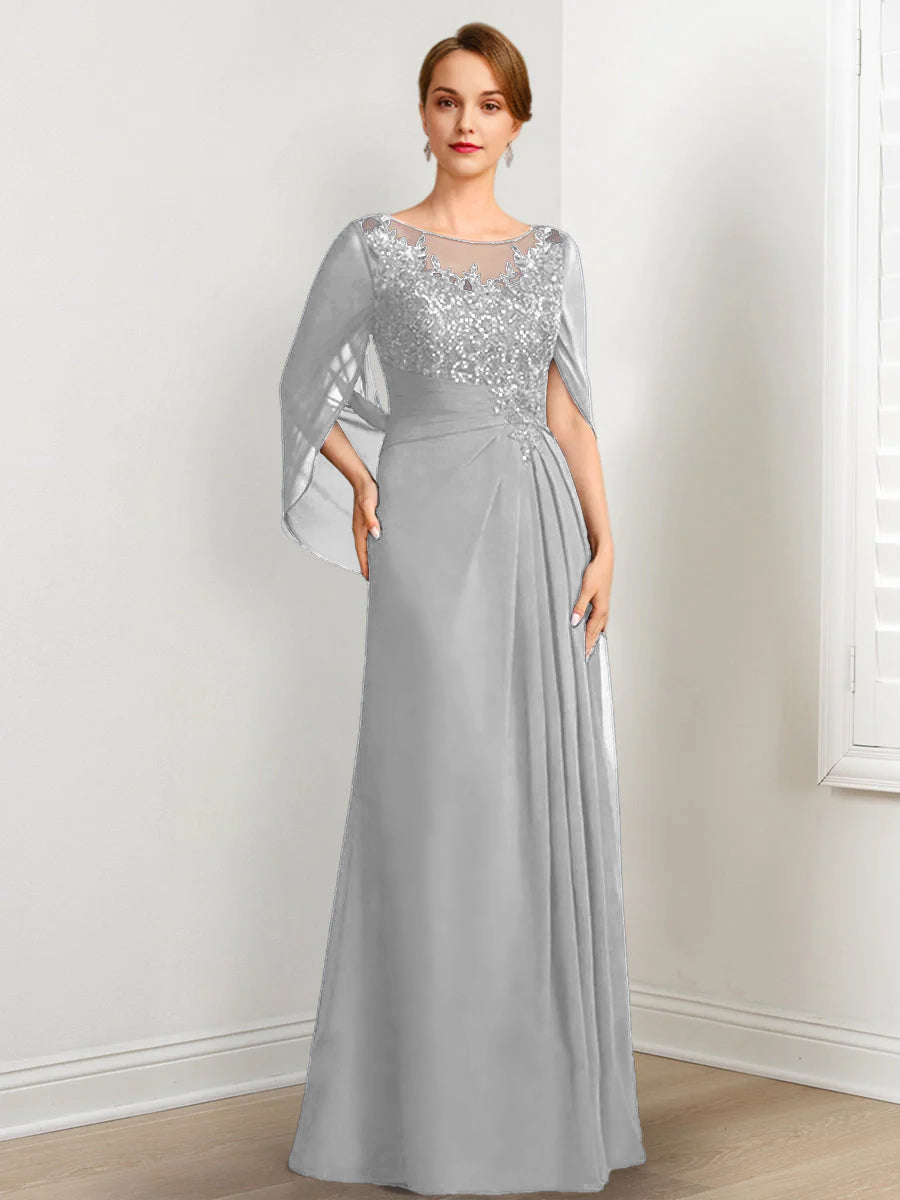 Vestidos de madre de la novia de corte A/princesa, largo hasta el suelo, con escote redondo, plisados y lentejuelas