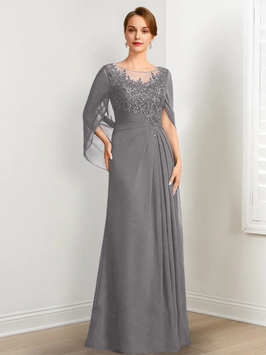 Vestidos de madre de la novia de corte A/princesa, largo hasta el suelo, con escote redondo, plisados y lentejuelas