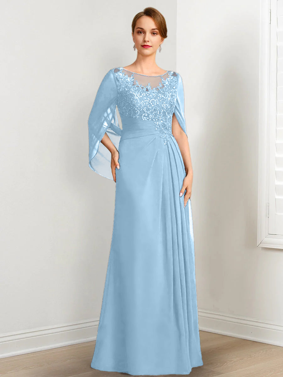 Vestidos de madre de la novia de corte A/princesa, largo hasta el suelo, con escote redondo, plisados y lentejuelas