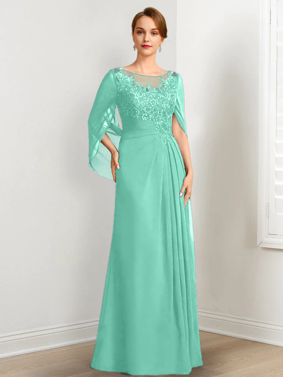 Vestidos de madre de la novia de corte A/princesa, largo hasta el suelo, con escote redondo, plisados y lentejuelas